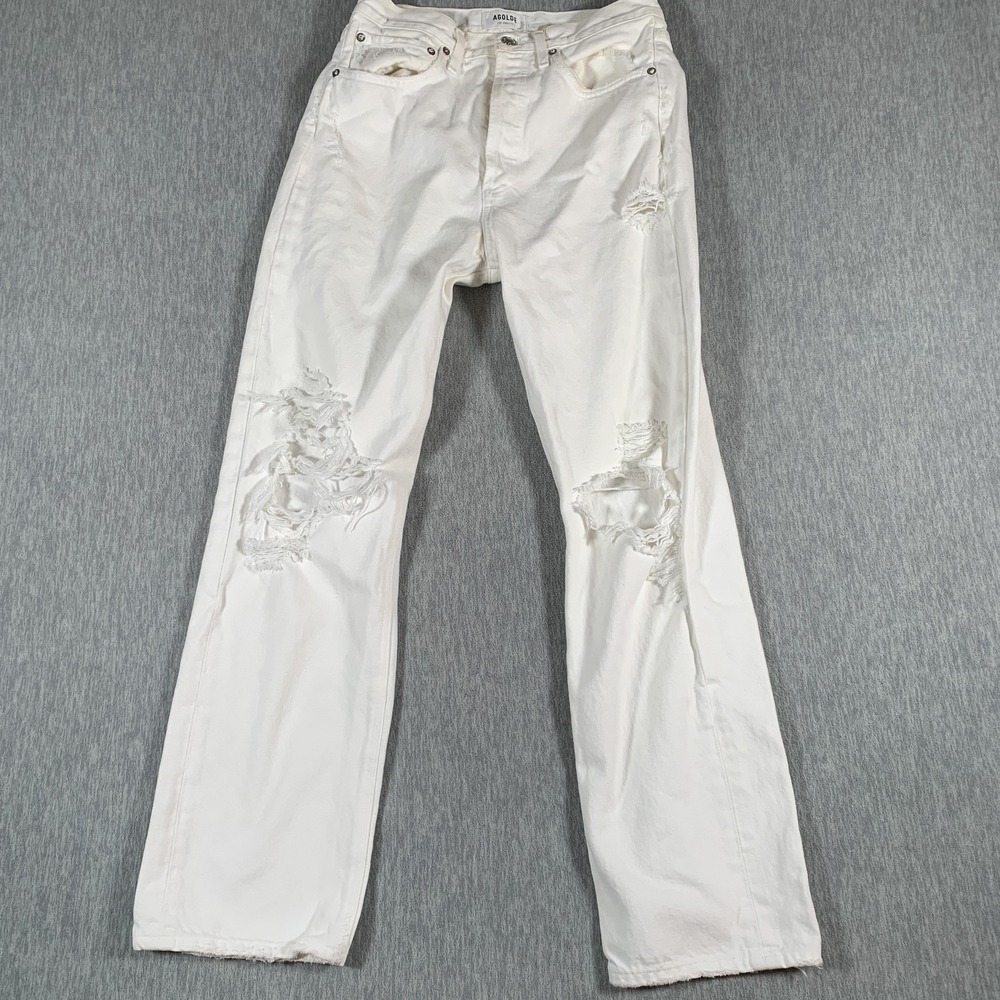 AGOLDE Jeans Womens 26 White Distressed High Rise Straight Leg Button Fly Denim